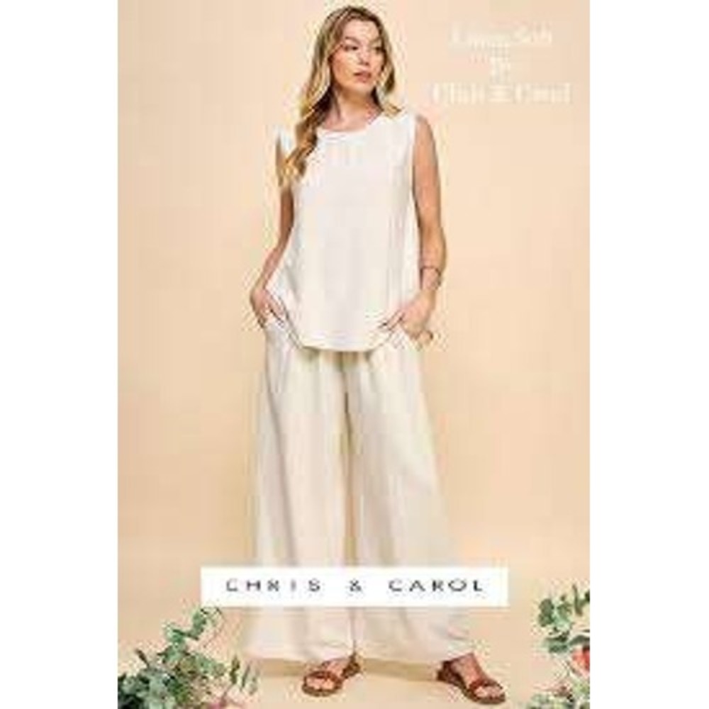 Chris & Carol Womens Beige Two Piece Set Sleeveless Top Wide Leg Pants Small